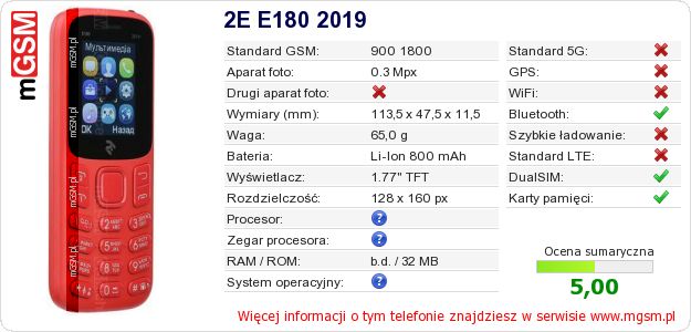 Dane telefonu 2E E180 2019