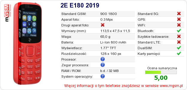 Dane telefonu 2E E180 2019