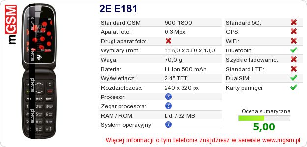 Dane telefonu 2E E181