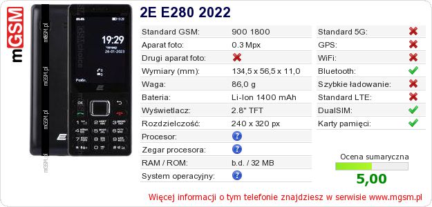 Dane telefonu 2E E280 2022