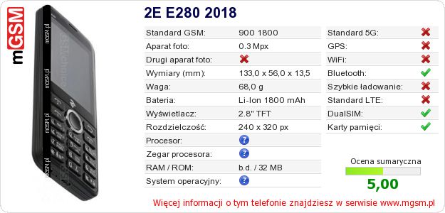 Dane telefonu 2E E280 2018