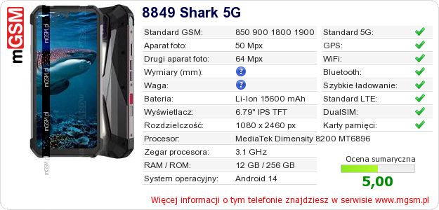 Dane telefonu 8849 Shark 5G Dane telefonu 8849 Shark 5G