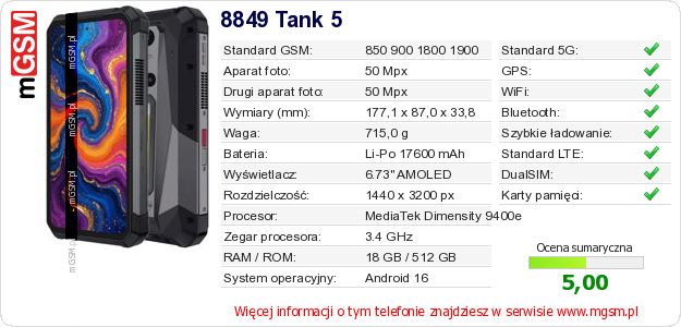 Dane telefonu 8849 Tank 5 Dane telefonu 8849 Tank 5