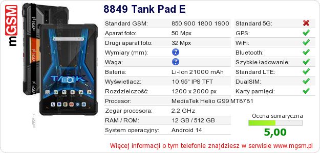 Dane telefonu 8849 Tank Pad E