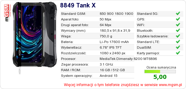 Dane telefonu 8849 Tank X