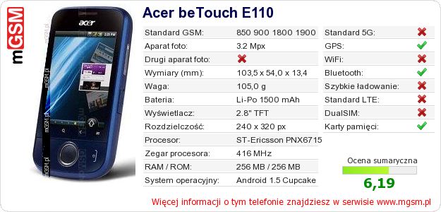 Dane telefonu Acer beTouch E110 Dane telefonu Acer beTouch E110