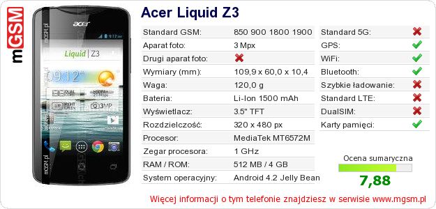 Dane telefonu Acer Liquid Z3 Dane telefonu Acer Liquid Z3