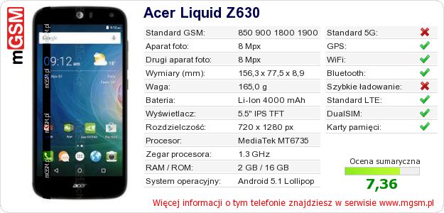 Dane telefonu Acer Liquid Z630 Dane telefonu Acer Liquid Z630