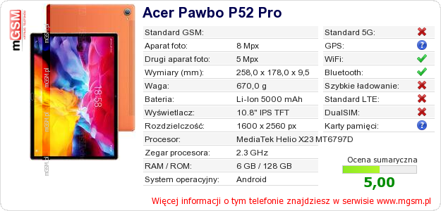 Dane telefonu Acer Pawbo P52 Pro Dane telefonu Acer Pawbo P52 Pro