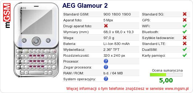 Dane telefonu AEG Glamour 2