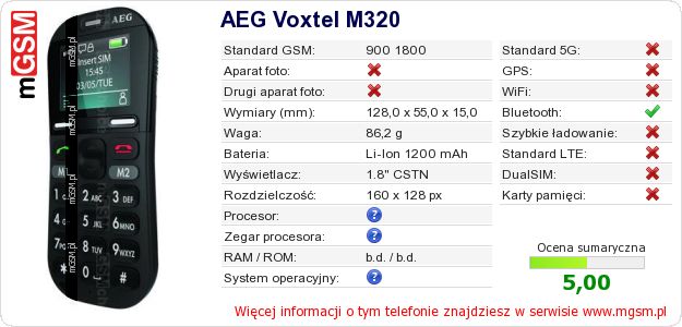 Dane telefonu AEG Voxtel M320