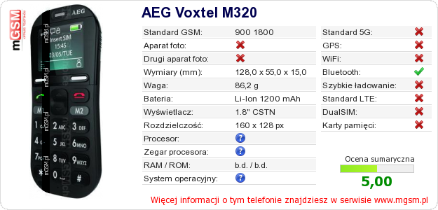Dane telefonu AEG Voxtel M320