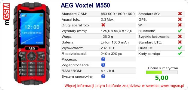 Dane telefonu AEG Voxtel M550