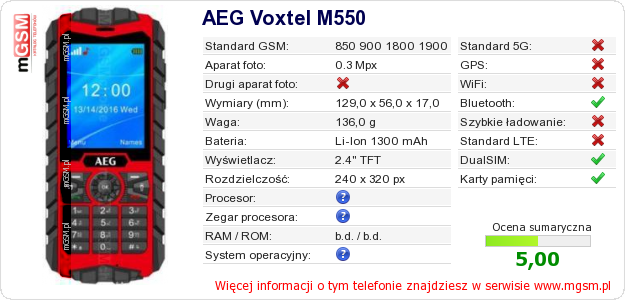Dane telefonu AEG Voxtel M550 Dane telefonu AEG Voxtel M550