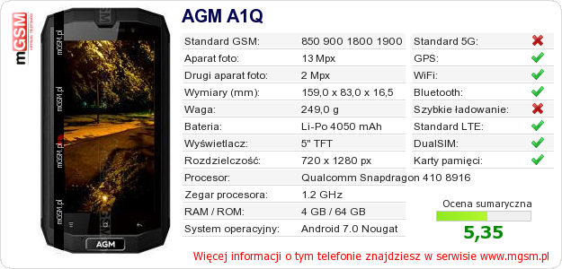 Dane telefonu AGM A1Q
