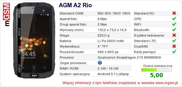 Dane telefonu AGM A2 Rio Dane telefonu AGM A2 Rio