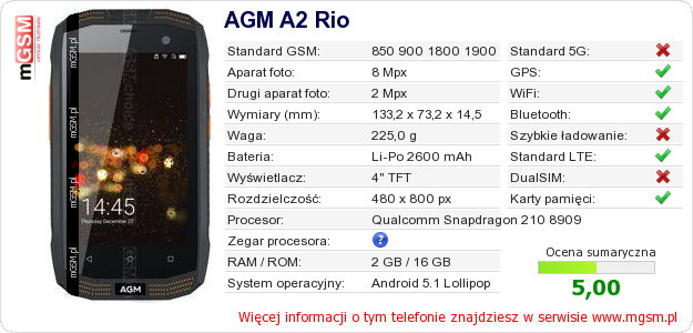 Dane telefonu AGM A2 Rio