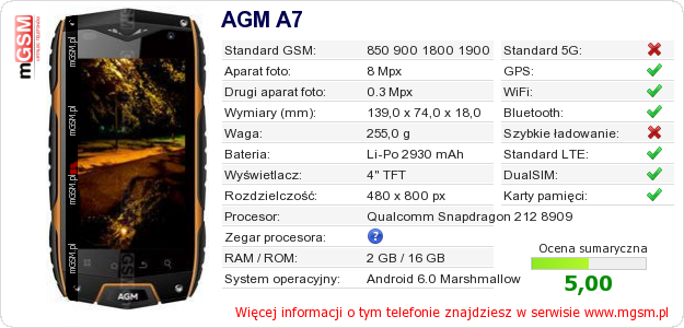 Dane telefonu AGM A7