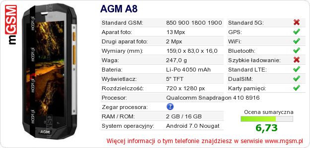 Dane telefonu AGM A8 Dane telefonu AGM A8
