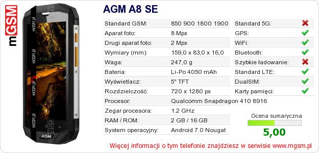 Dane telefonu AGM A8 SE Dane telefonu AGM A8 SE