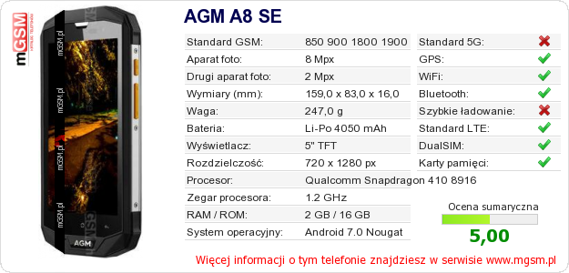 Dane telefonu AGM A8 SE