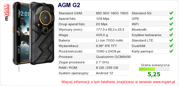 Dane telefonu AGM G2