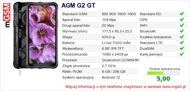 Dane telefonu AGM G2 GT Dane telefonu AGM G2 GT