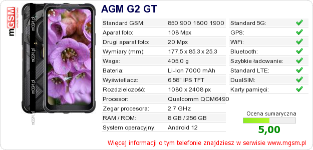 Dane telefonu AGM G2 GT