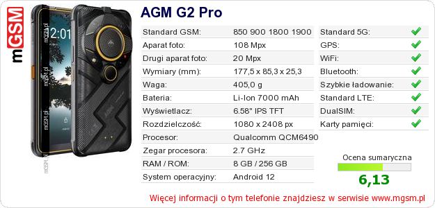 Dane telefonu AGM G2 Pro Dane telefonu AGM G2 Pro