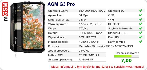 Dane telefonu AGM G3 Pro