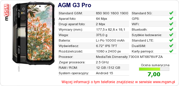 Dane telefonu AGM G3 Pro