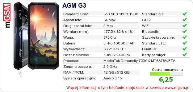 Dane telefonu AGM G3