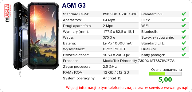 Dane telefonu AGM G3