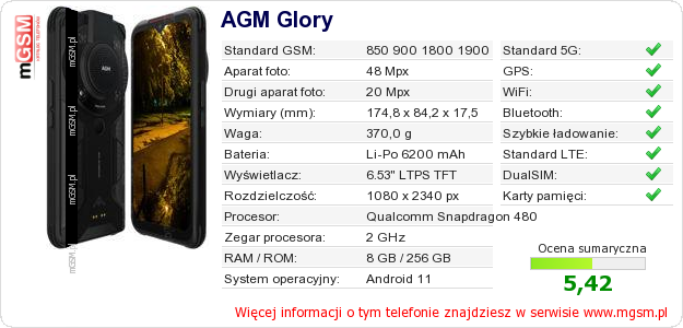 Dane telefonu AGM Glory