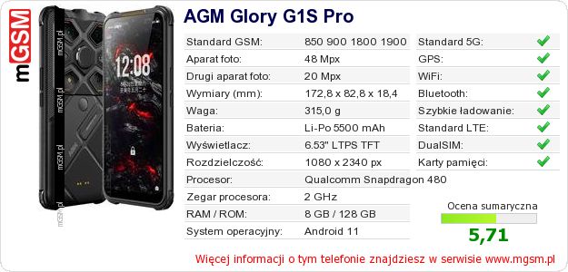 Dane telefonu AGM Glory G1S Pro