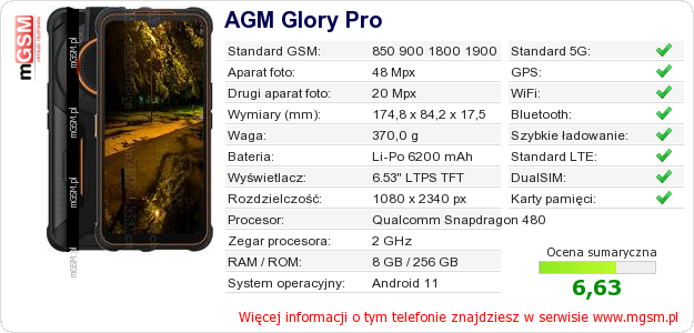 Dane telefonu AGM Glory Pro