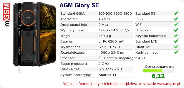 Dane telefonu AGM Glory SE Dane telefonu AGM Glory SE