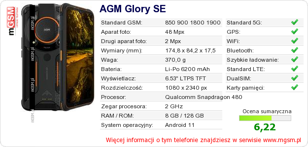 Dane telefonu AGM Glory SE Dane telefonu AGM Glory SE
