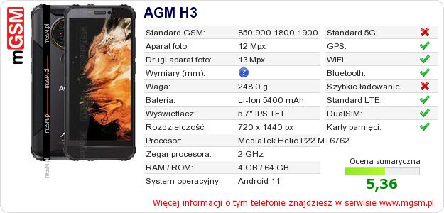 Dane telefonu AGM H3