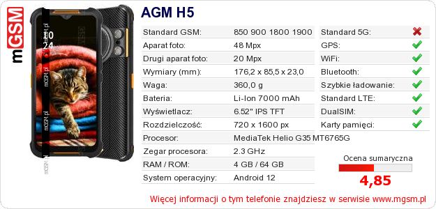 Dane telefonu AGM H5