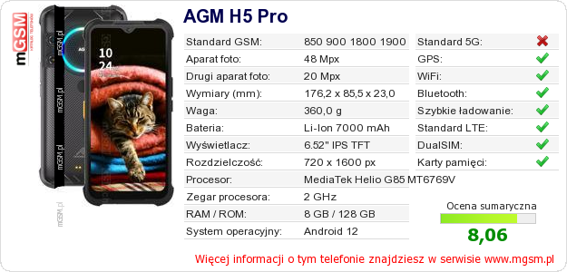 Dane telefonu AGM H5 Pro