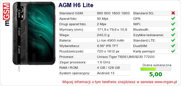 Dane telefonu AGM H6 Lite
