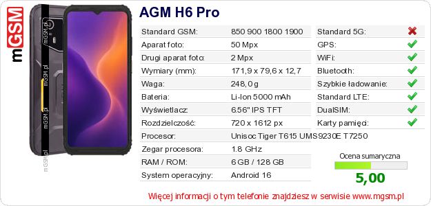 Dane telefonu AGM H6 Pro Dane telefonu AGM H6 Pro