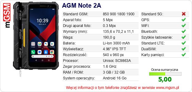 Dane telefonu AGM Note 2A Dane telefonu AGM Note 2A