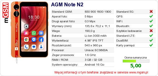 Dane telefonu AGM Note N2 Dane telefonu AGM Note N2