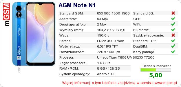 Dane telefonu AGM Note N1 Dane telefonu AGM Note N1