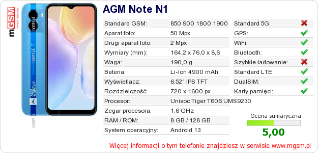 Dane telefonu AGM Note N1