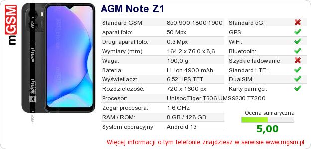 Dane telefonu AGM Note Z1 Dane telefonu AGM Note Z1