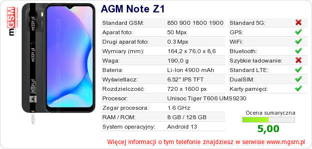 Dane telefonu AGM Note Z1