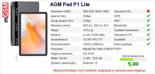 Dane telefonu AGM Pad P1 Lite Dane telefonu AGM Pad P1 Lite